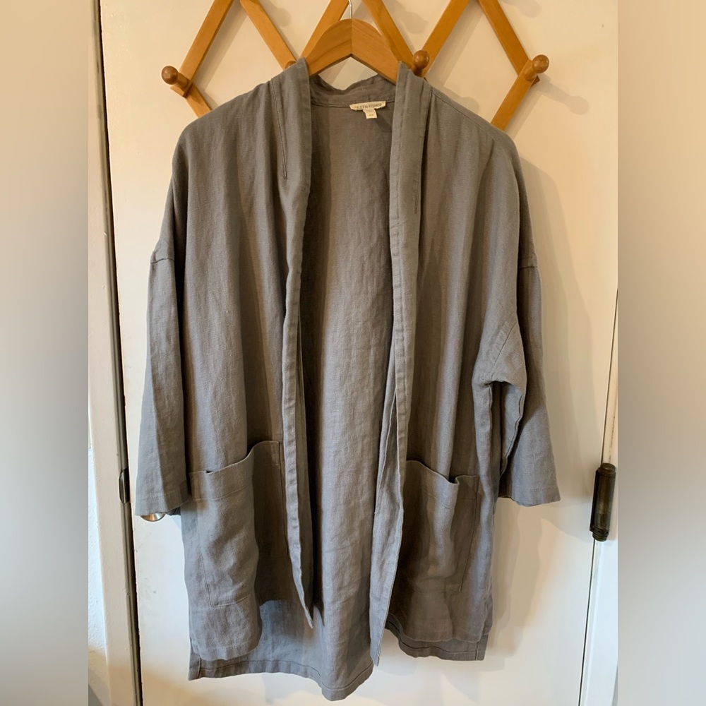 Size M Eileen Fisher Stunning Linen Grey tunic length Jacket with patch pockets